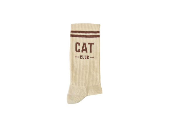 Beige Socken Cat Club von PEGADA SOCKS mit braunem Schriftzug und Retrostreifen