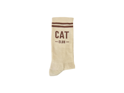 Beige Socken Cat Club von PEGADA SOCKS mit braunem Schriftzug und Retrostreifen