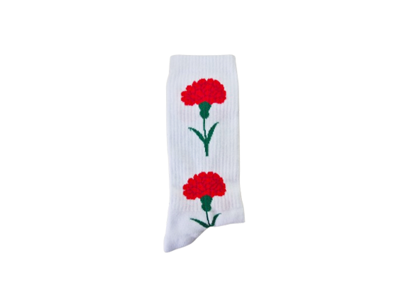 Weiße Socken Freedom von PEGADA SOCKS mit roten Nelken und grünen Stielen