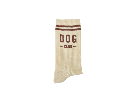 Beige Socken Dog Club von PEGADA SOCKS mit braunem Schriftzug und Retrostreifen