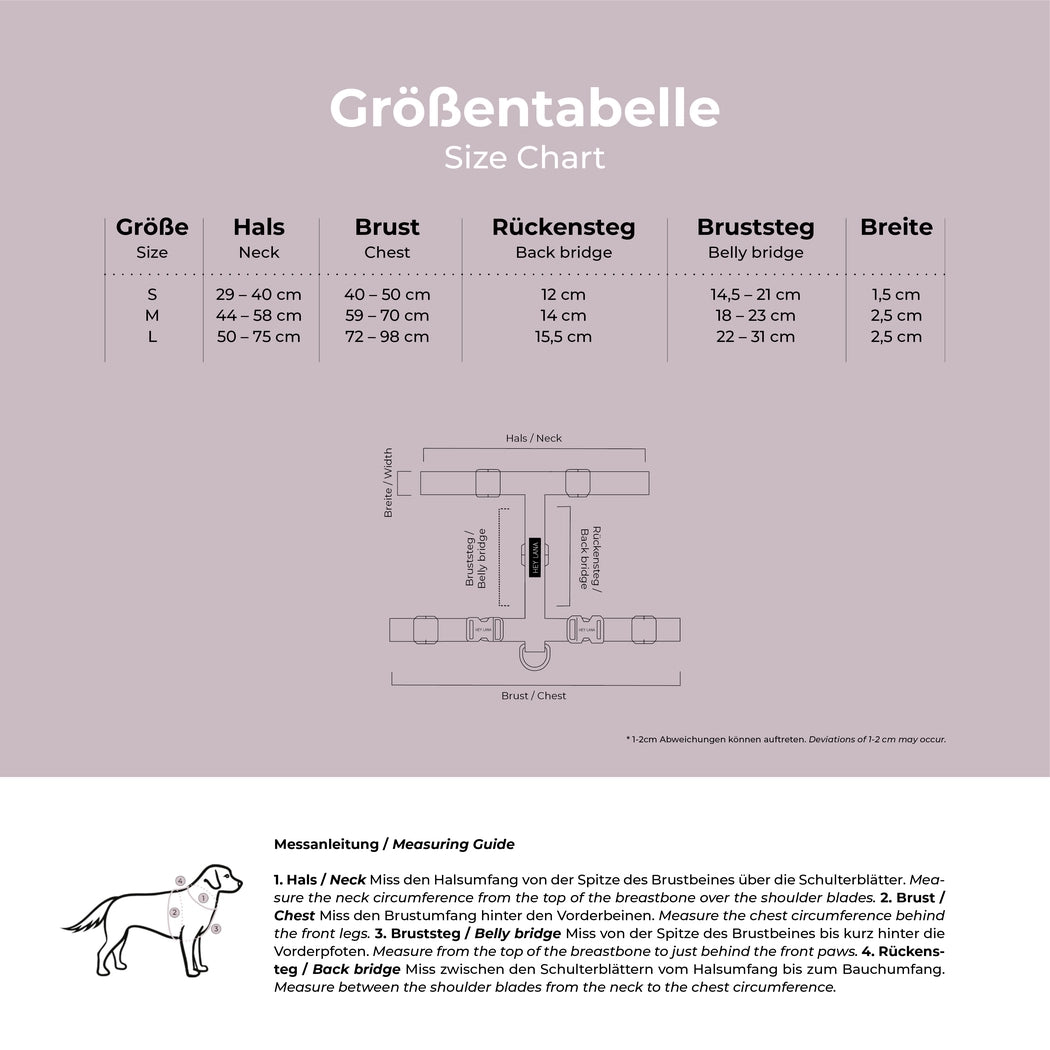Handgemachtes Führgeschirr Kunterbunt Gelb/Blau von Hey Lana Größentabelle, erhältlich bei fiffi&muschi - Hundeladen/Concept Store Köln