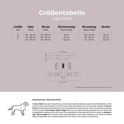 Handgemachtes Führgeschirr Kunterbunt Gelb/Blau von Hey Lana Größentabelle, erhältlich bei fiffi&muschi - Hundeladen/Concept Store Köln