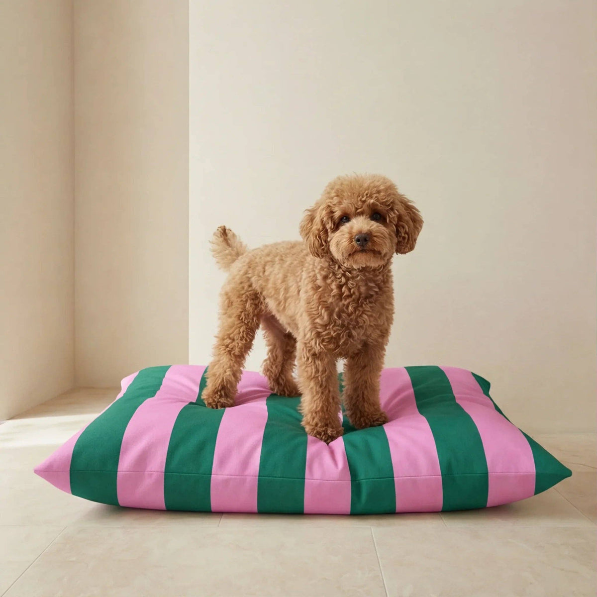 Gestreiftes Hundekissen Copo in Pink und Dunkelgrün mit kleinem Hund