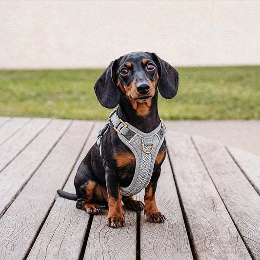 Handgemachtes Premium Hundegeschirr Gepolstert Anthrazit/Eisblau von Hey Lana getragen am kleinen Hund - Frontansicht, erhältlich bei fiffi&muschi - Hundeladen/Concept Store Köln