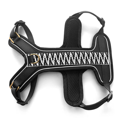 Handgemachtes Premium Hundegeschirr Gepolstert Schwarz/Weiß von Hey Lana Ansicht Bauch, erhältlich bei fiffi&muschi - Hundeladen/Concept Store Köln