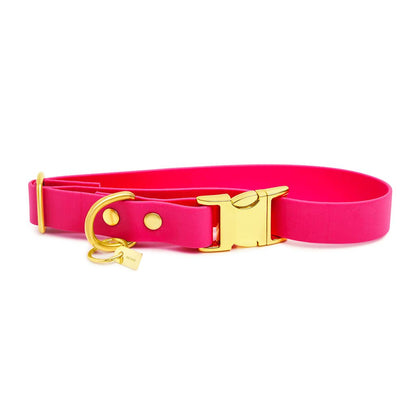 Handgemachtes Hundehalsband GLOUTON aus robuster Biothane Pink, Ansicht Klickverschluss aus Messing, erhältlich bei fiffi&muschi - Hundeladen/Concept Store Köln