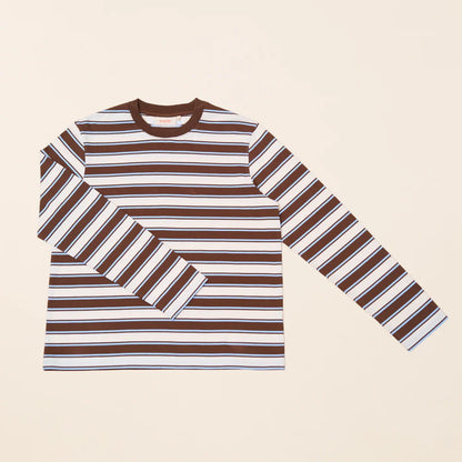 Gestreiftes popeia Langarmshirt in Off-White, Braun und Hellblau von vorne