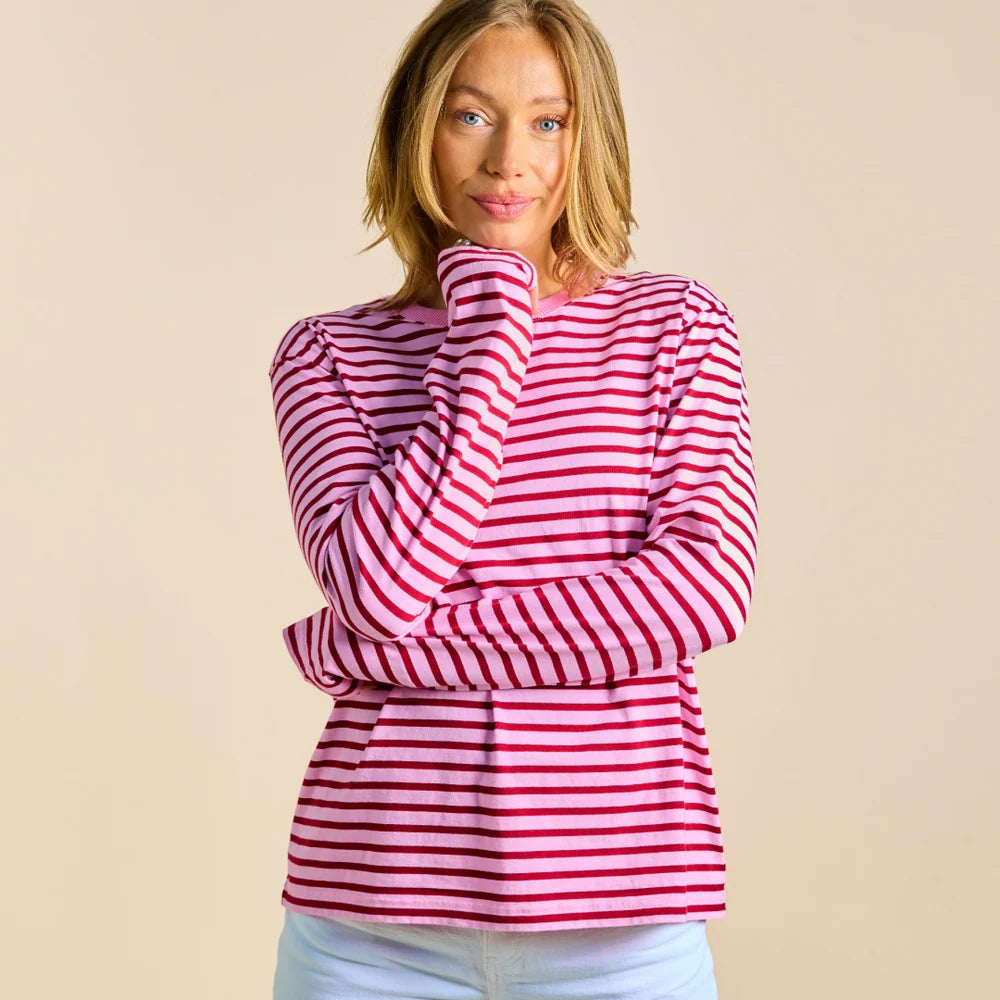 Gestreiftes popeia Langarmshirt in Pink und Bordeaux von vorne