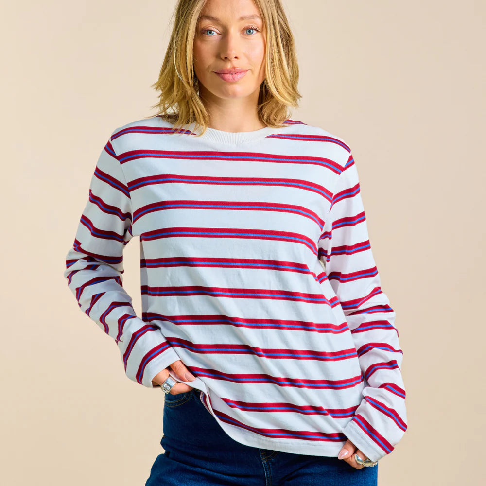 Gestreiftes popeia Langarmshirt in Off-White, Rot und Königsblau