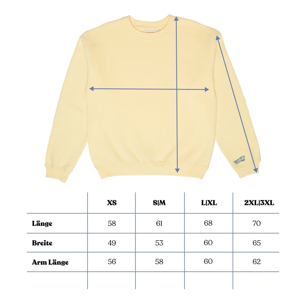 Größentabelle für den popeia Kindness Sweater mit Angaben zu Länge, Breite und Ärmellänge.