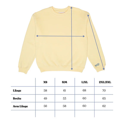 Größentabelle für den popeia Kindness Sweater mit Angaben zu Länge, Breite und Ärmellänge.