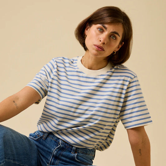 T-Shirt Gestreift aus Bio-Baumwolle in Eisblau/Off-White