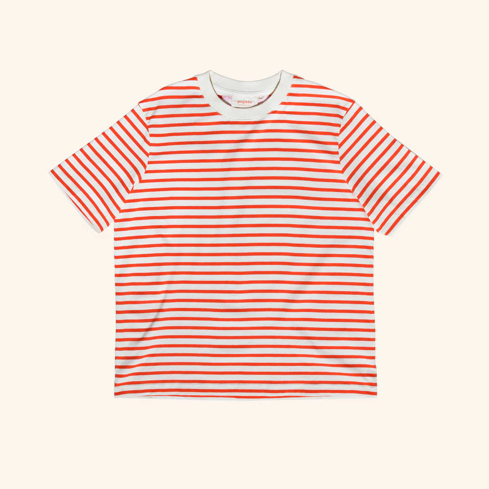 T-Shirt Gestreift aus Bio-Baumwolle in Popeia Rot/Off-White
