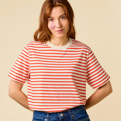 T-Shirt Gestreift aus Bio-Baumwolle in Popeia Rot/Off-White