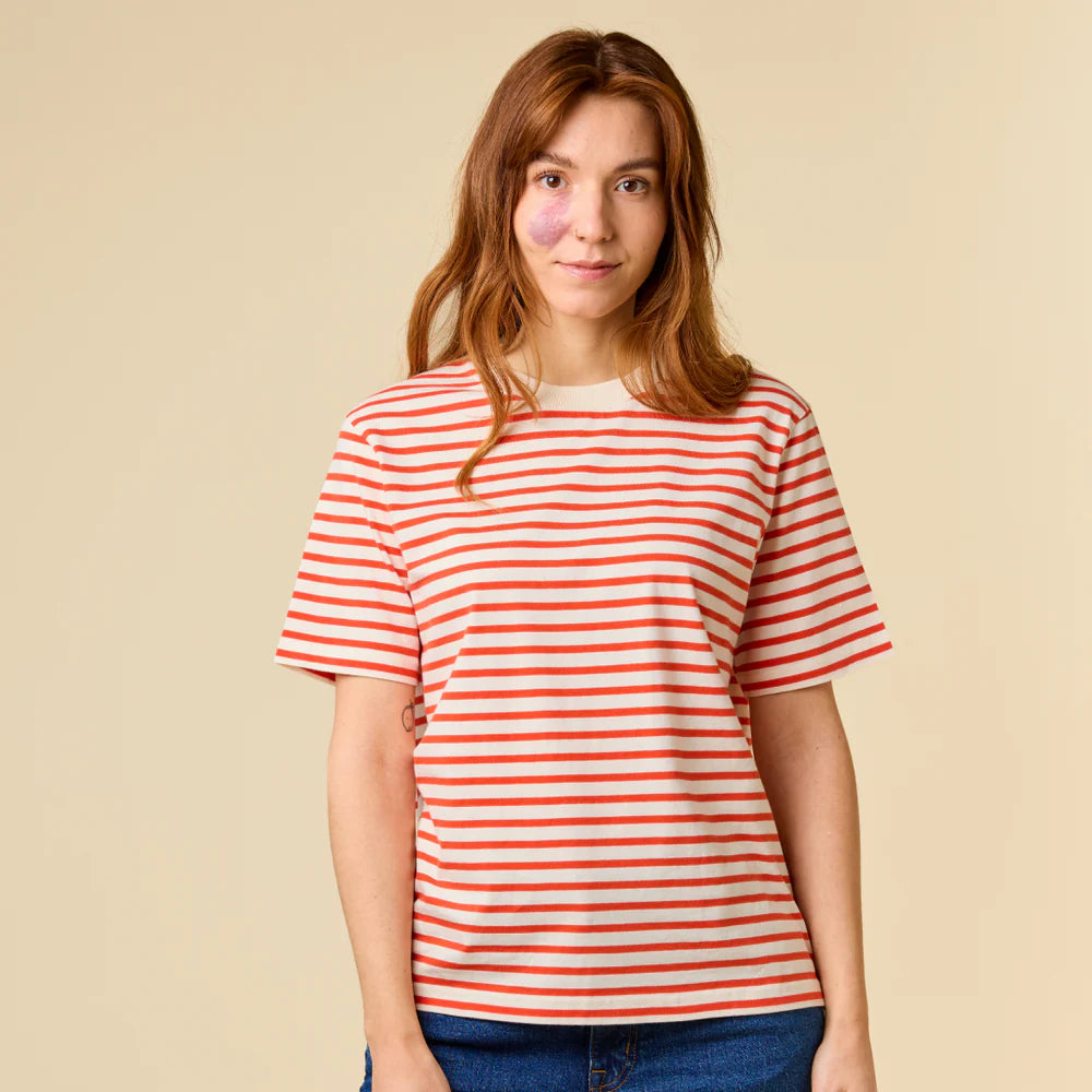 T-Shirt Gestreift aus Bio-Baumwolle in Popeia Rot/Off-White