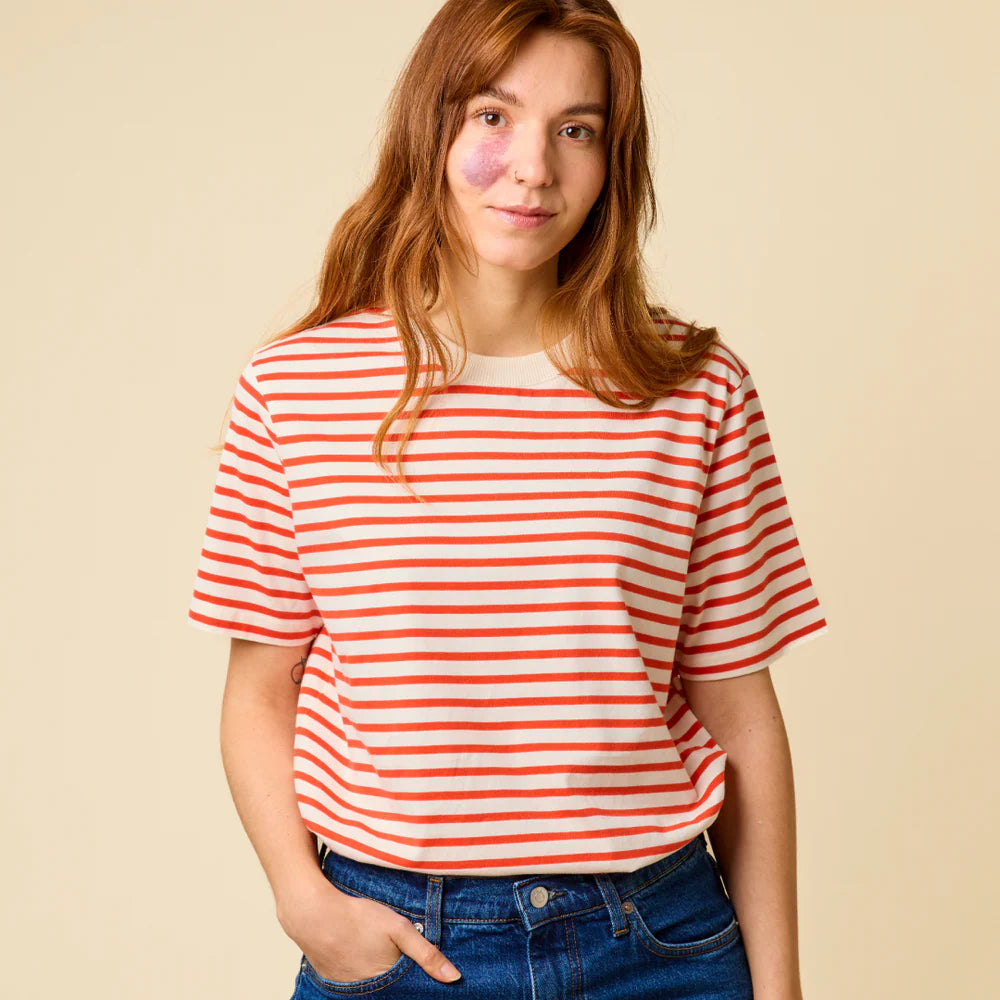 T-Shirt Gestreift aus Bio-Baumwolle in Popeia Rot/Off-White