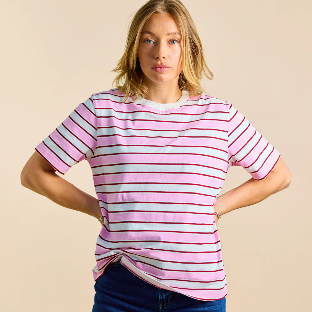 T-Shirt Gestreift aus Bio-Baumwolle in Weiß/Pink